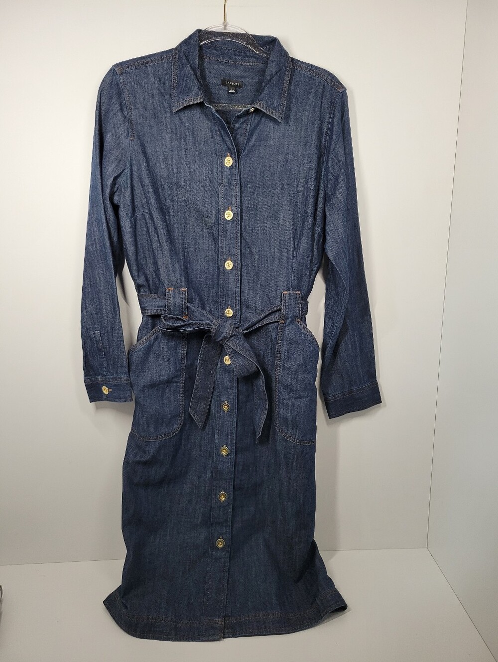 Talbots Blue Denim 100% Cotton Button Up Long Sleeve Shirt Dress Women Sz Large - Picture 2 of 6